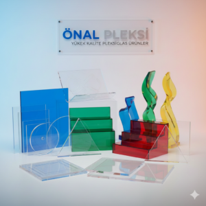 Farklı kalınlıklarda renkli ve şeffaf akrilik levhaların raf sistemi üzerinde dizili hali