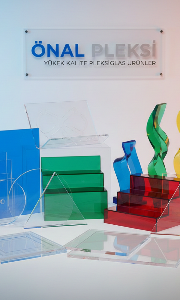 Farklı kalınlıklarda renkli ve şeffaf akrilik levhaların raf sistemi üzerinde dizili hali